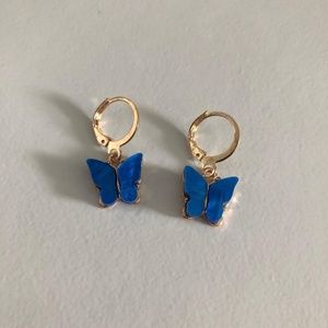 gold and blue butterfly hoop huggies